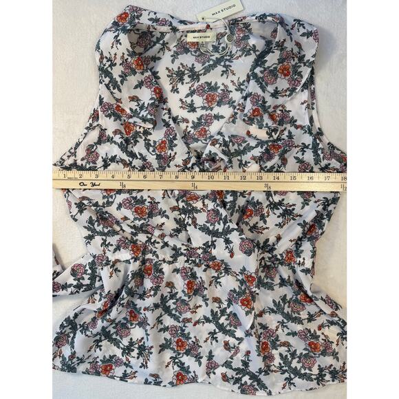 Max Studio White Ruffle Floral Wrap Top Tie Waist Blouse Sleeveless Small NWT - Picture 7 of 8